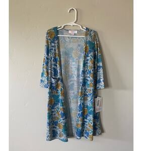 Lularoe Aztec Abstract Geometric Yellow/Blue Print Sariah Open Cardigan Sz 4 Kid
